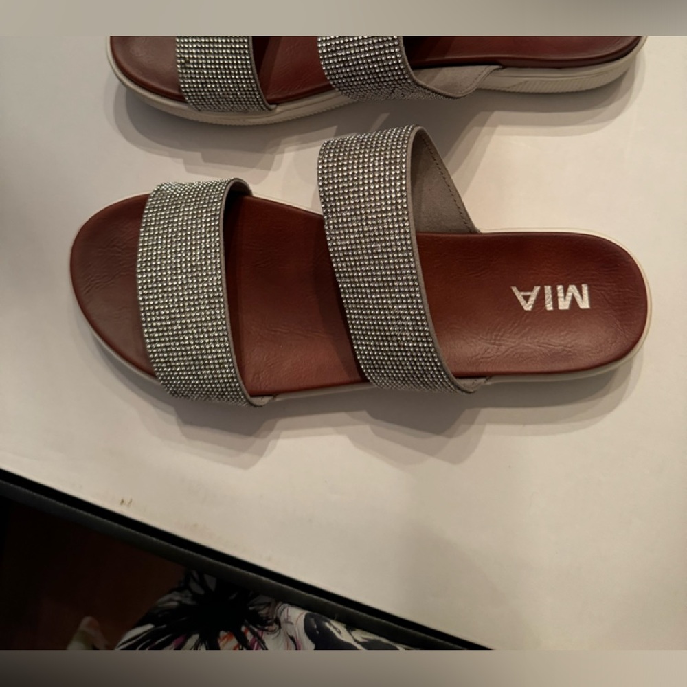 MIA silver slip on two strap platform metallic/rhinestone sandal size 10M